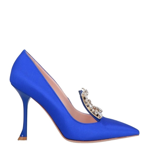 Roger Vivier Shoes - Roger Vivier sapphire blue satin pointed-toe 100mm pumps with jeweled buckle